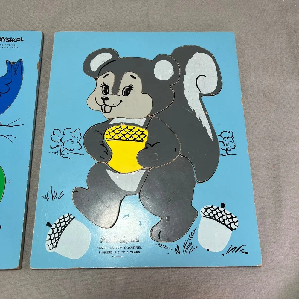 VTG Playskool Wooden Inlay Puzzles Set Nutty Squirrel Colors I See ‎ 70s Nursery